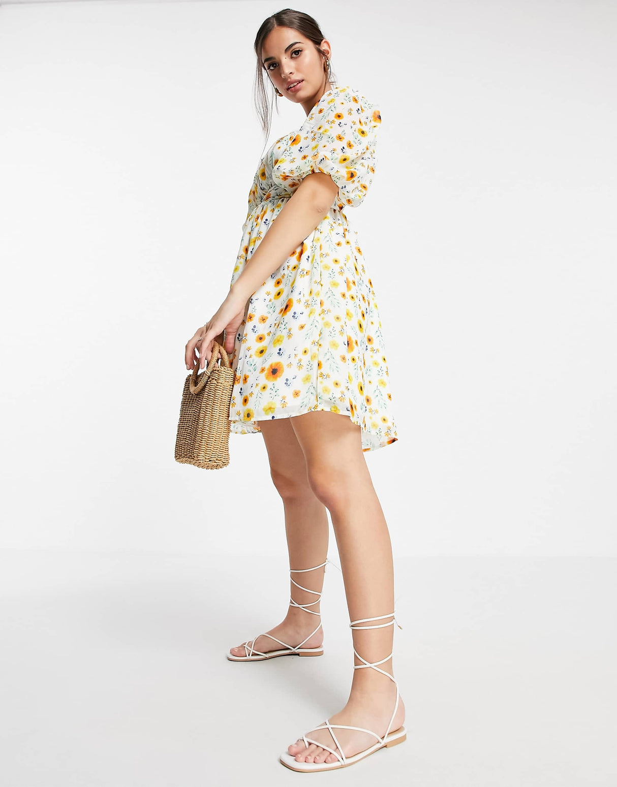 Asos Design Shirred Waist Belted Mini Dress In Botanical Floral Print