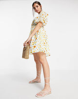 Asos Design Shirred Waist Belted Mini Dress In Botanical Floral Print