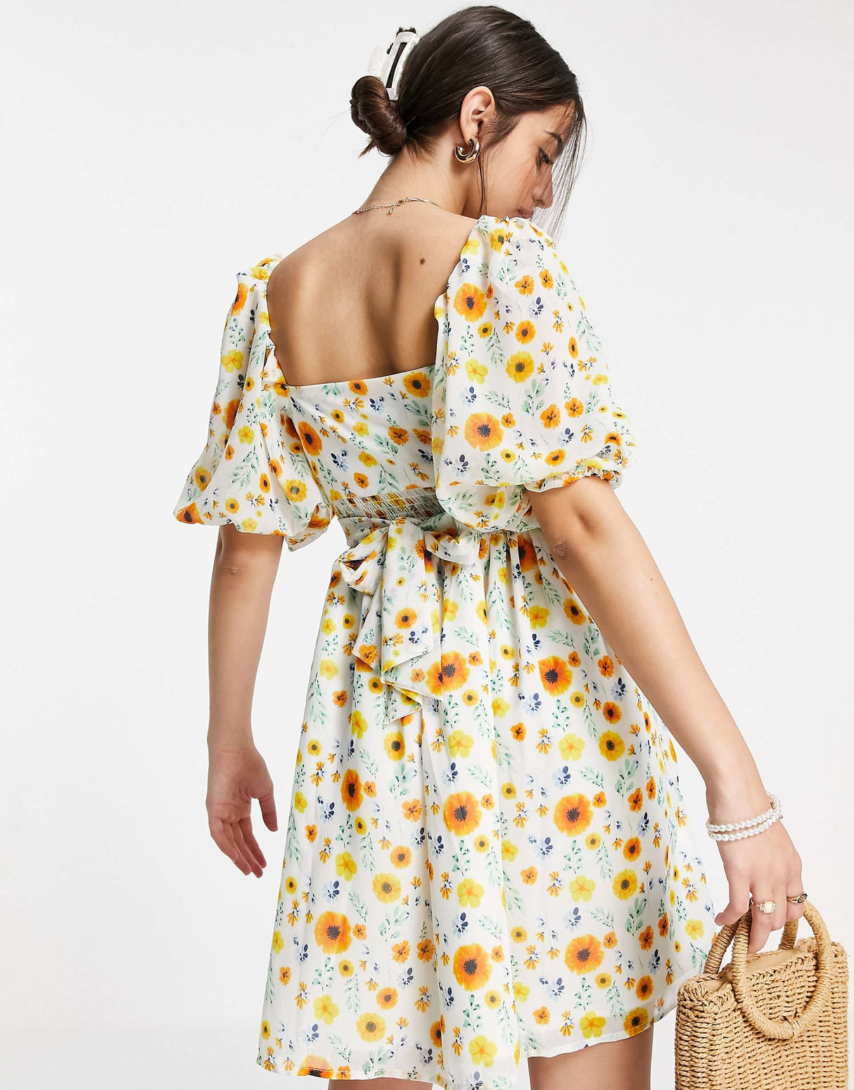Asos Design Shirred Waist Belted Mini Dress In Botanical Floral Print