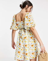 Asos Design Shirred Waist Belted Mini Dress In Botanical Floral Print