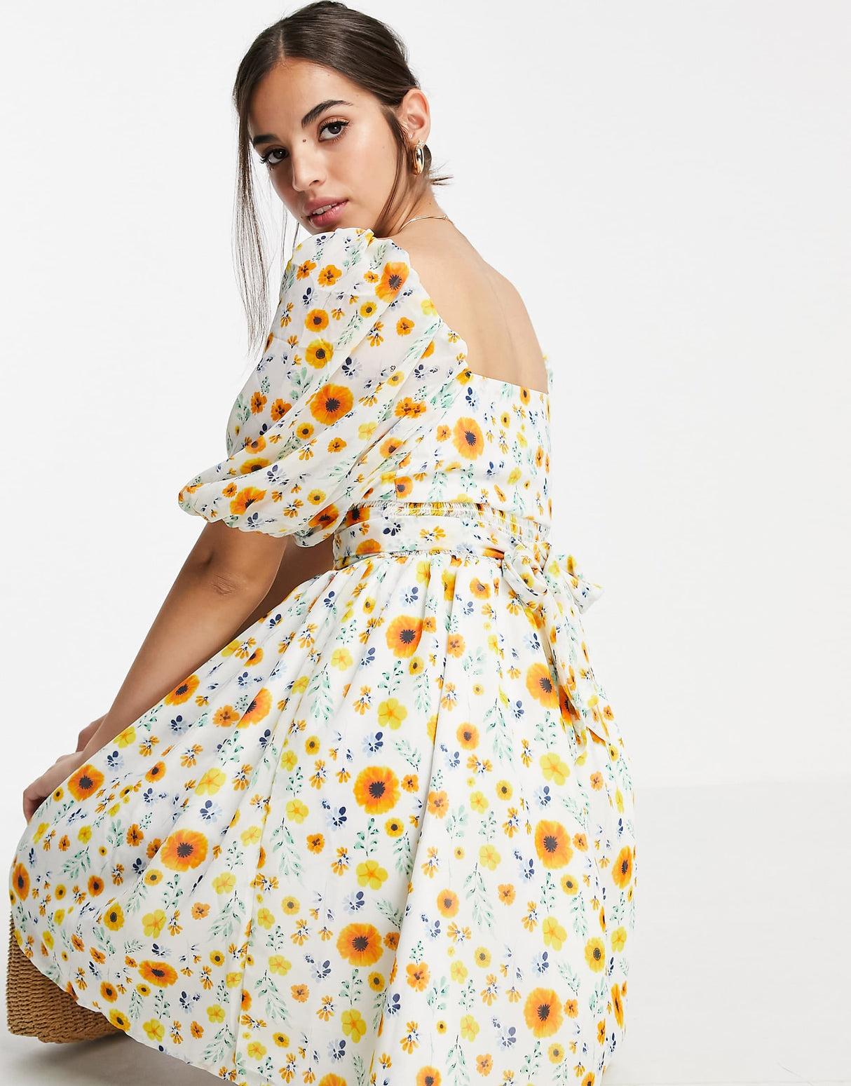 Asos Design Shirred Waist Belted Mini Dress In Botanical Floral Print