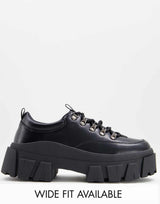 Asos Design Lace Up Shoes In Black Faux Leather With Chunky Sole