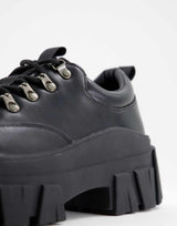 Asos Design Lace Up Shoes In Black Faux Leather With Chunky Sole
