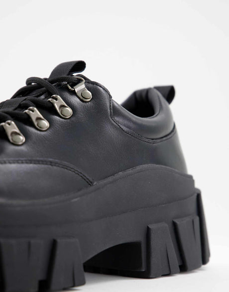 Asos Design Lace Up Shoes In Black Faux Leather With Chunky Sole