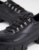 Asos Design Lace Up Shoes In Black Faux Leather With Chunky Sole