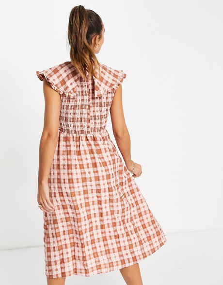 Ghospell Sleeveless Maxi Dress With Bib Collar In Pink Check