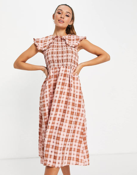 Ghospell Sleeveless Maxi Dress With Bib Collar In Pink Check