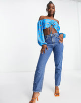 Asyou Ruched Bardot Co-Ord Top In Blue Ditsy