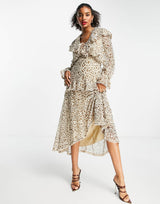 Asos Design Ruffle Plunge Midi Dress With Lace Trims In Leopard Print