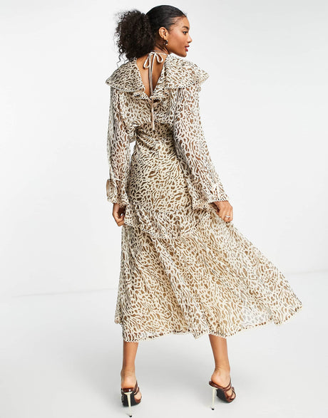 Asos Design Ruffle Plunge Midi Dress With Lace Trims In Leopard Print