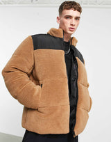 Asos Design Borg Puffer Jacket In Brown With Contrast Panel