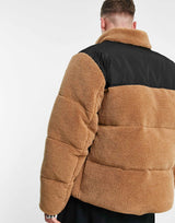 Asos Design Borg Puffer Jacket In Brown With Contrast Panel