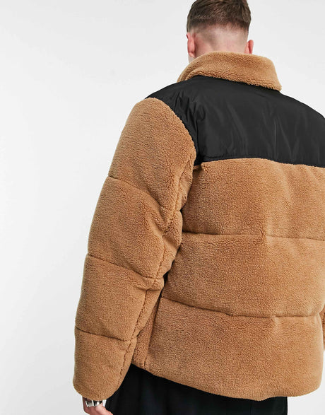 Asos Design Borg Puffer Jacket In Brown With Contrast Panel