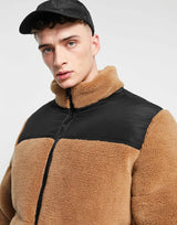 Asos Design Borg Puffer Jacket In Brown With Contrast Panel
