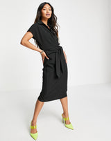 Asos Design Collared Wrap Front Midi Dress With Knot In Black