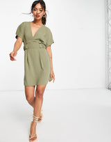Asos Design V Front Mini Dress With Elasticated Tab In Khaki