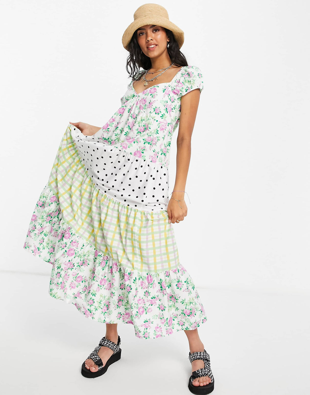 Asos Design Tiered Babydoll Maxi Dress In Mixed Print