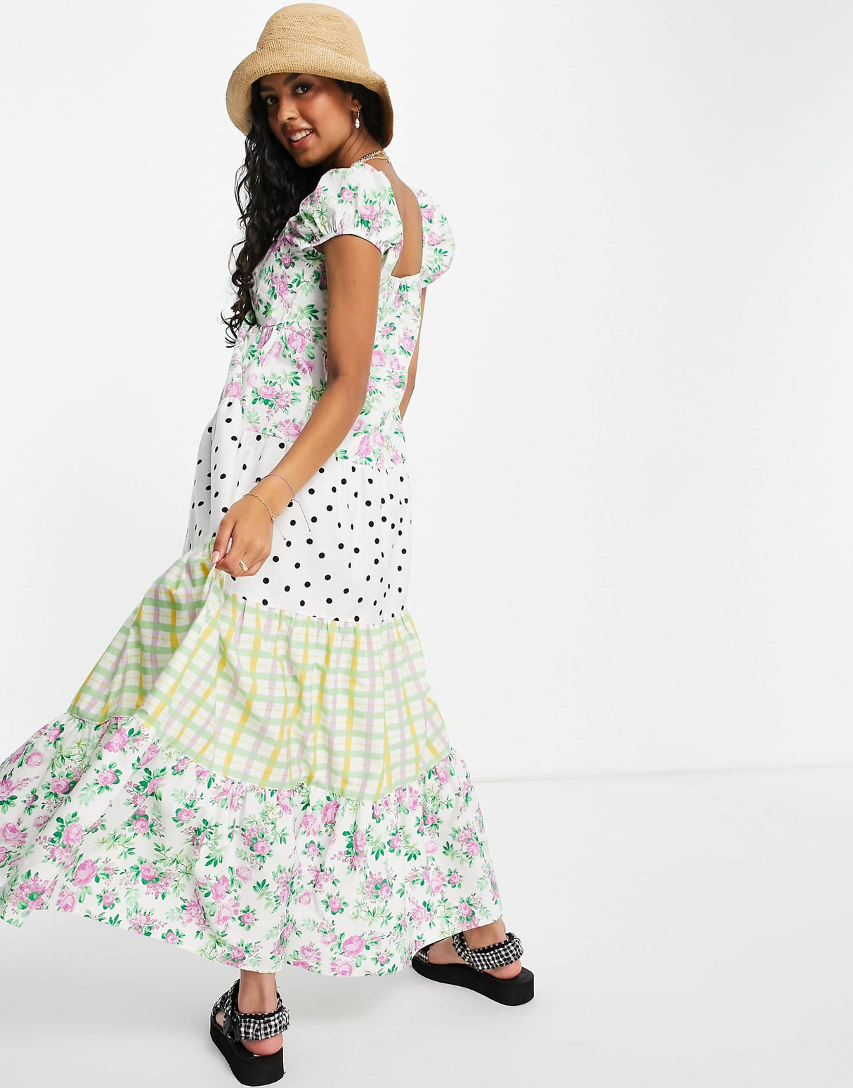 Asos Design Tiered Babydoll Maxi Dress In Mixed Print