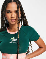 New Balance Crop Top With Logo Banding In Green And Coral -