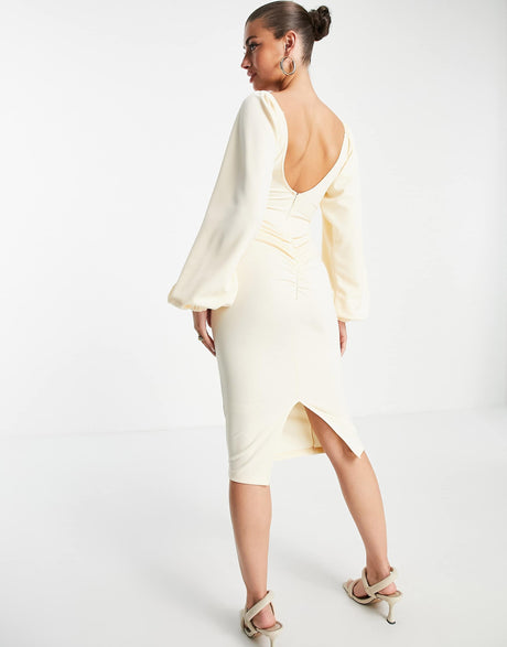 Asos Design Long Sleeve Cupped Ring Midi Pencil Dress In Stone