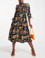 Whistles Midi Dress With Smocking And Tie Sleeve In Black And Orange Floral