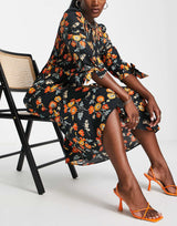 Whistles Midi Dress With Smocking And Tie Sleeve In Black And Orange Floral