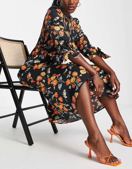 Whistles Midi Dress With Smocking And Tie Sleeve In Black And Orange Floral