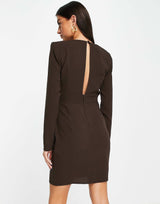 Asos Design Plunge Shoulder Pad Twist Front Mini Dress In Chocolate