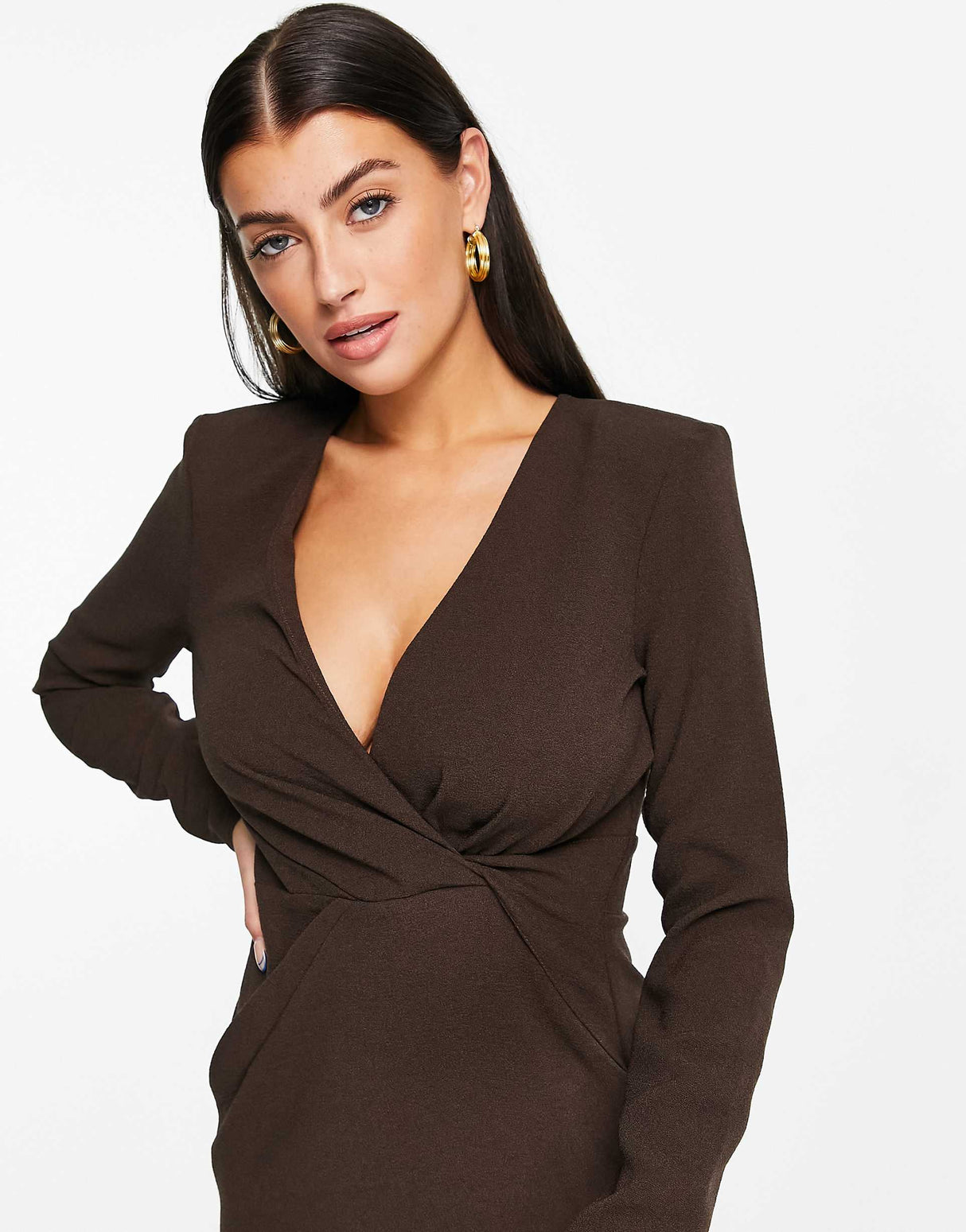 Asos Design Plunge Shoulder Pad Twist Front Mini Dress In Chocolate