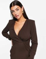 Asos Design Plunge Shoulder Pad Twist Front Mini Dress In Chocolate