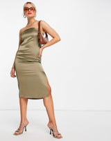 River Island Satin Bodycon Sleeveless Midi Dress In Khaki