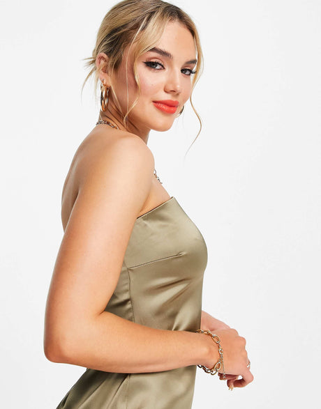 River Island Satin Bodycon Sleeveless Midi Dress In Khaki