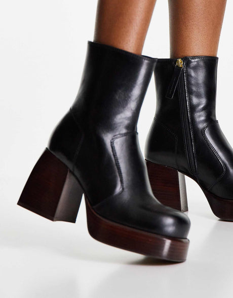 Asos Design Rowan Premium Leather Platform Heeled Boots In Black