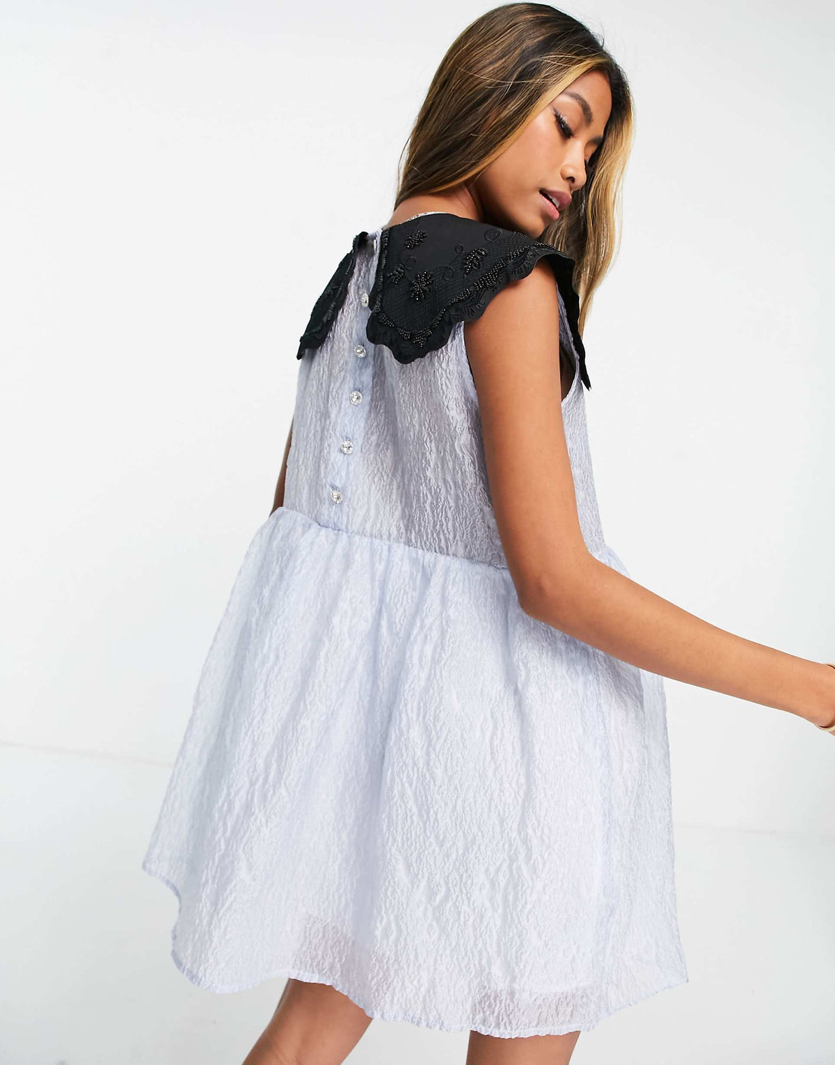 Sister Jane Mini Organza Mini Smock Dress With Black Velvet Collar In Pale Blue