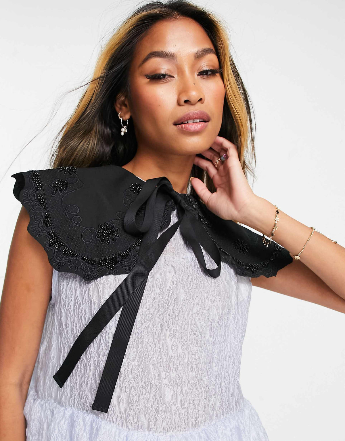 Sister Jane Mini Organza Mini Smock Dress With Black Velvet Collar In Pale Blue