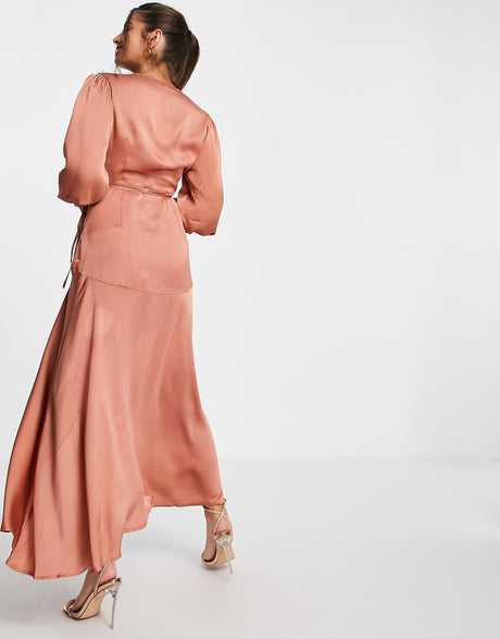 Liquorish Midi Wrap Dress With Balloon Sleeves In Light Brown