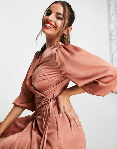 Liquorish Midi Wrap Dress With Balloon Sleeves In Light Brown