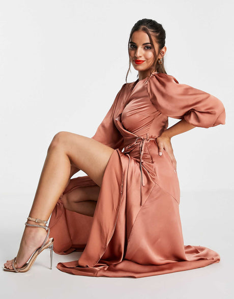 Liquorish Midi Wrap Dress With Balloon Sleeves In Light Brown