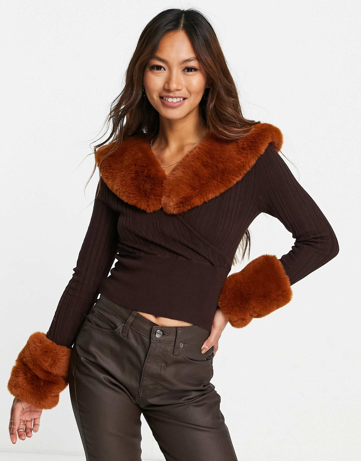 Asos Design Faux Fur Collar In Brown