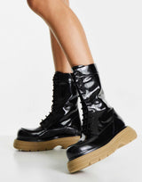 Asos Design Alicia Premium Leather Chunky Lace Up Boots In Black With Beige Sole