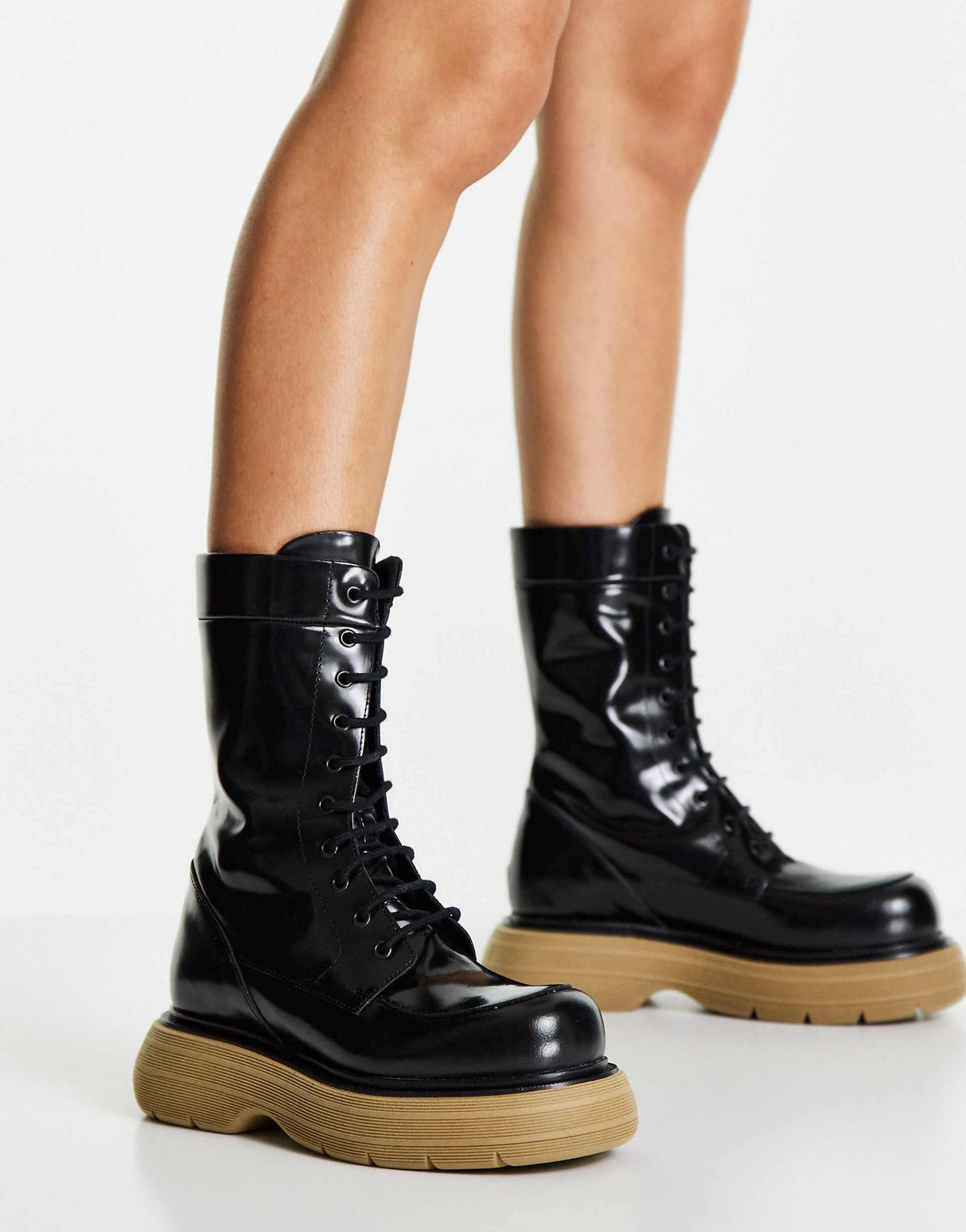 Asos Design Alicia Premium Leather Chunky Lace Up Boots In Black With Beige Sole