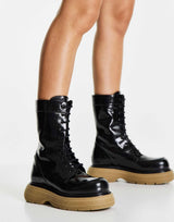 Asos Design Alicia Premium Leather Chunky Lace Up Boots In Black With Beige Sole