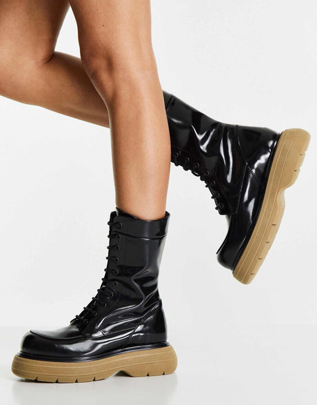 Asos Design Alicia Premium Leather Chunky Lace Up Boots In Black With Beige Sole