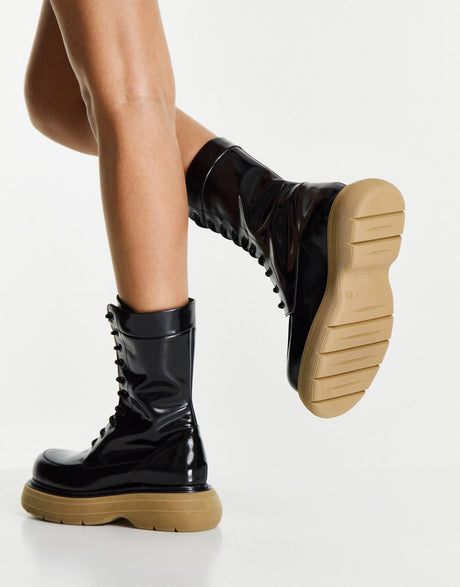 Asos Design Alicia Premium Leather Chunky Lace Up Boots In Black With Beige Sole
