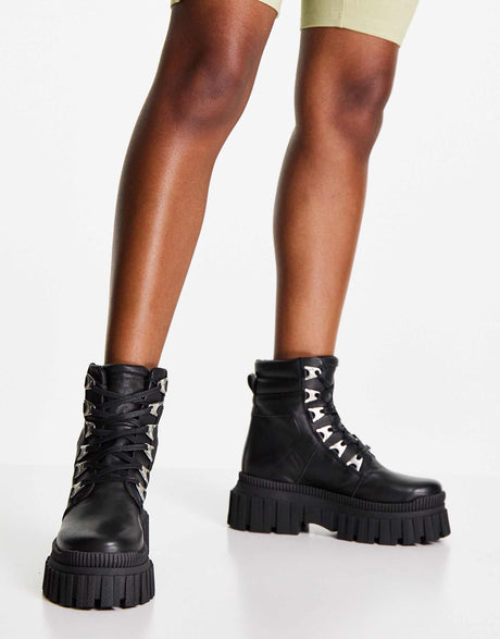 Asos Design Aaron Premium Leather Chunky Hikers In Black