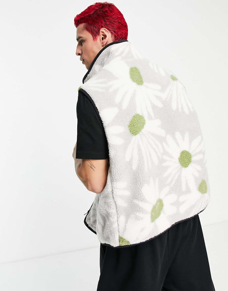 Asos Design  Borg Gilet With Pockets In Grey Floral Print