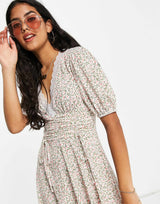 Asos Design Mini Dress With Ruched Waist And Lace Trim In Ditsy Floral