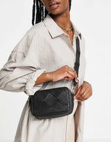 Asos Design Leather Camera Crossbody Bag With Weave In Black