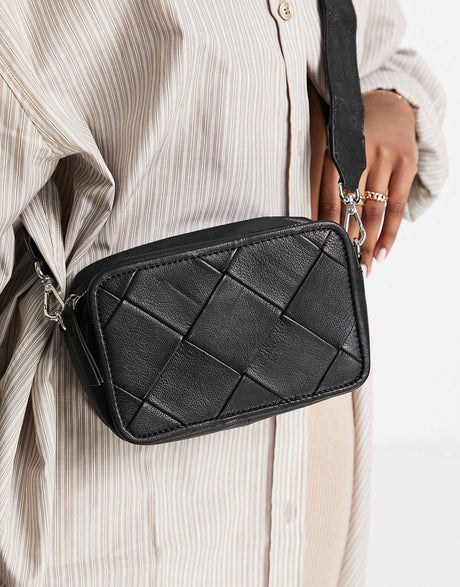 Asos Design Leather Camera Crossbody Bag With Weave In Black