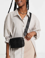Asos Design Leather Camera Crossbody Bag With Weave In Black